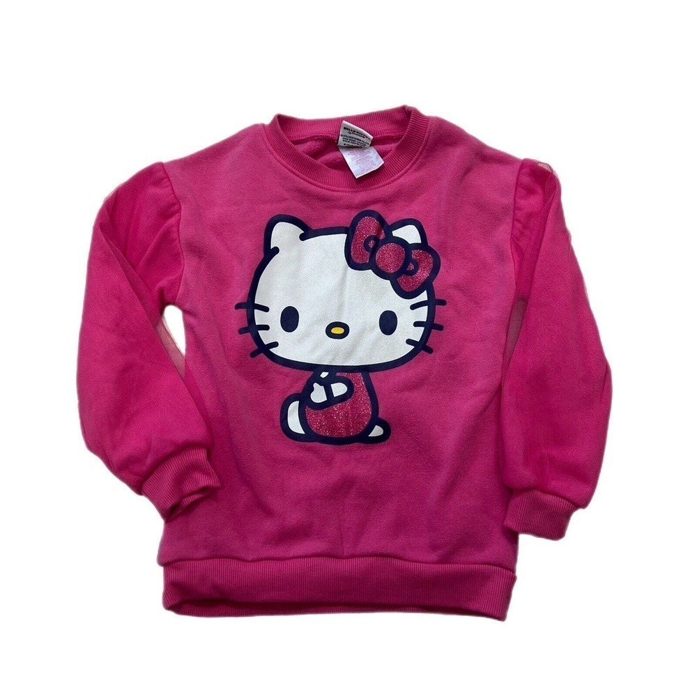 Hello Kitty By Sanrio Kids Sweatshirt Size 5/6 Pink Puff Sleeves Mesh Over Arms